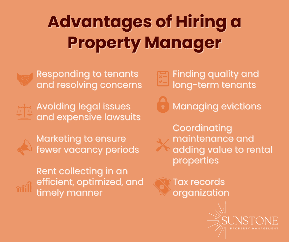 Brown and white text on cream background. List of 8 advantages of hiring a property manager. Orange icons used to show each benefit.